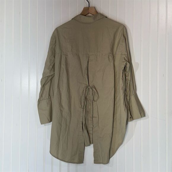 Free People Khaki Oversized Shirt Dress TieBack 100% Cotton Tunic Mini Lagenlook - Picture 2 of 8